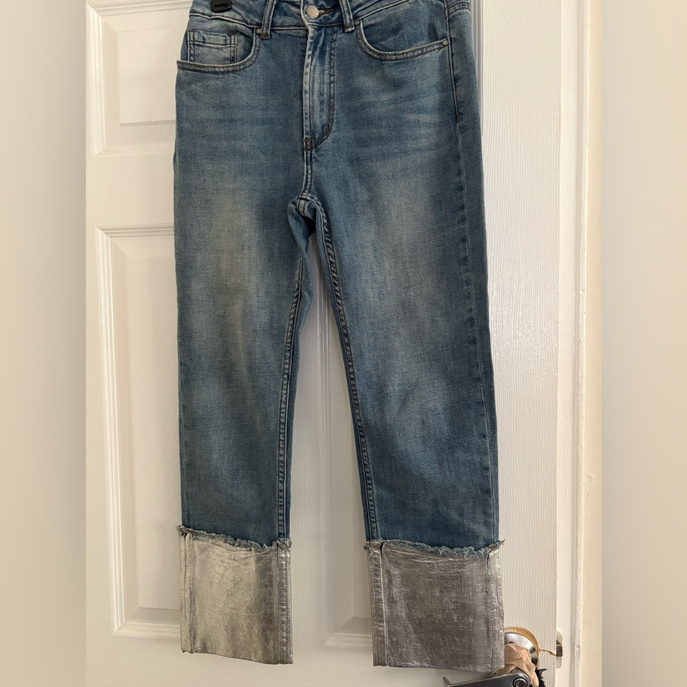 💙 RACHEL ROY- Women’s Silver Metallic Cuff Hem Jeans – Size 27